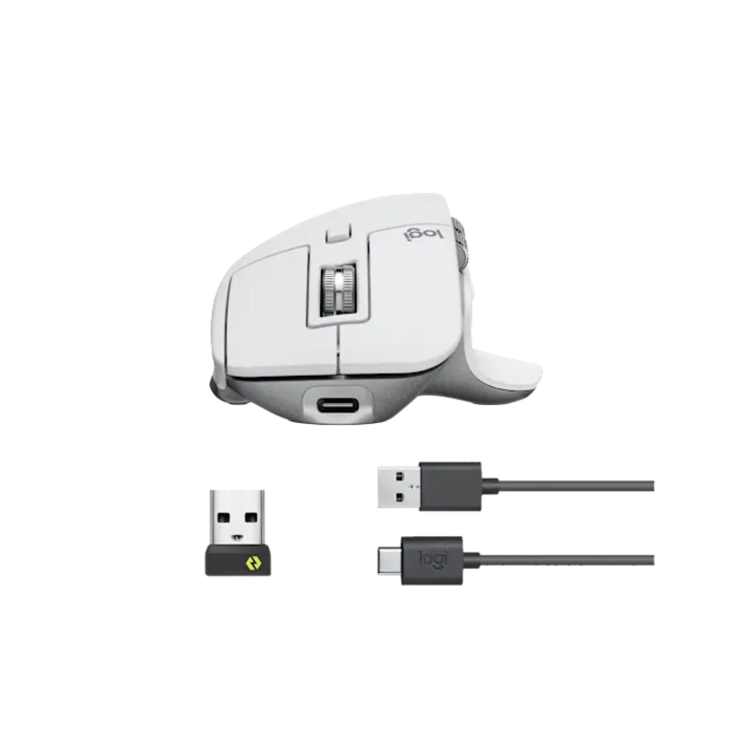 Logitech wireless mouse accessory set featuring a white and gray ergonomic mouse, a small USB receiver, and a gray USB-C charging cable on a white background.