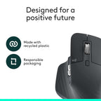 Black computer mouse with 'Made with recycled plastic' and 'Responsible packaging' labels on a white background.
