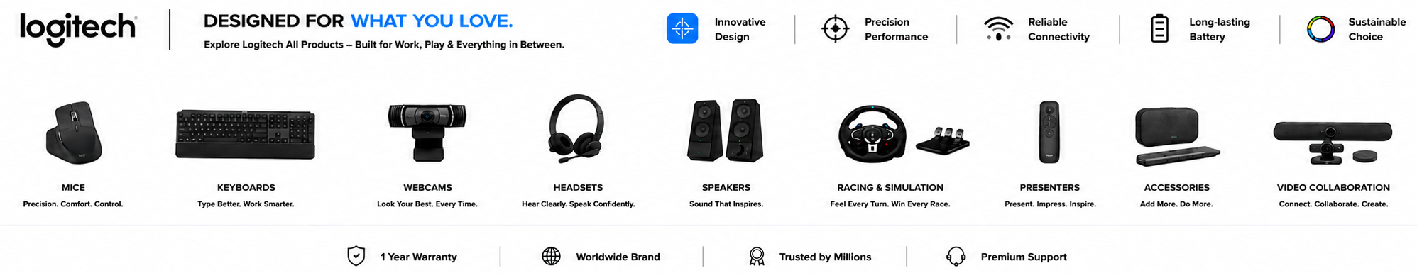 Logitech official website banner showcasing a range of computer accessories including a mouse, keyboard, headset, speakers, gaming controller, and webcams, with the Logitech logo at the top.