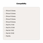Compatibility list for various Apple devices on a white background