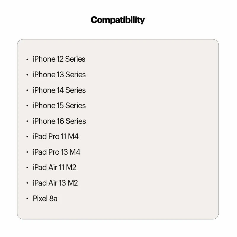 Compatibility list for various Apple devices on a white background