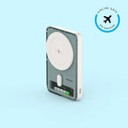Wireless charger with 'Airline Safe' certification logo on a light blue background