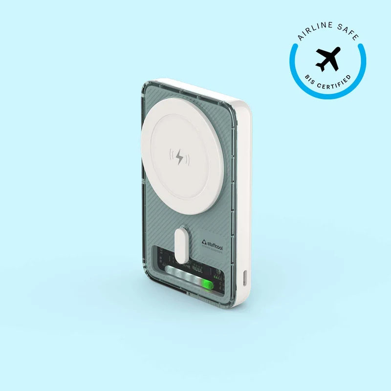 Wireless charger with 'Airline Safe' certification logo on a light blue background