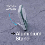 A white and translucent green wireless charging pad shown on an aluminium stand on a gray stone-textured background, with text reading 'Comes with an Aluminium Stand'.