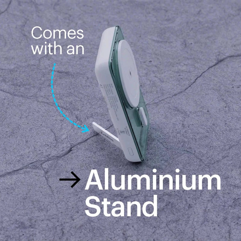 A white and translucent green wireless charging pad shown on an aluminium stand on a gray stone-textured background, with text reading 'Comes with an Aluminium Stand'.