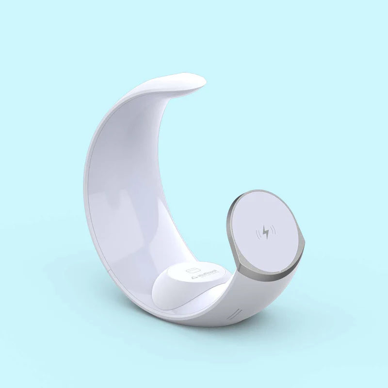 A white curved magnetic wireless charging stand with a circular charging pad, shown on a light blue background.