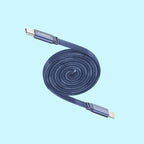 A coiled navy blue braided USB-C to USB-C cable with metallic blue connector housings, shown on a solid light blue background. The brand name 'wiztouch' is printed on the connector sleeve.