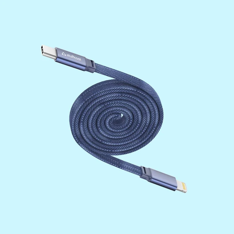 A coiled navy blue braided USB-C to USB-C cable with metallic blue connector housings, shown on a solid light blue background. The brand name 'wiztouch' is printed on the connector sleeve.