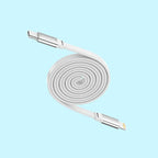 A coiled white braided USB-C to Lightning cable with silver metal connectors, shown on a solid light blue background.