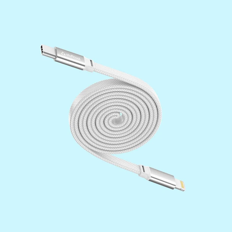 A coiled white braided USB-C to Lightning cable with silver metal connectors, shown on a solid light blue background.