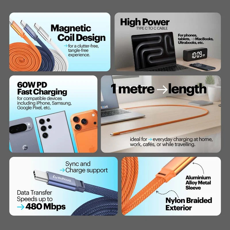 Stuffcool Lynk USB-C to USB-C Magnetic Braided Cable | 60W PD Fast Charging | 1M | 6 Months Warranty