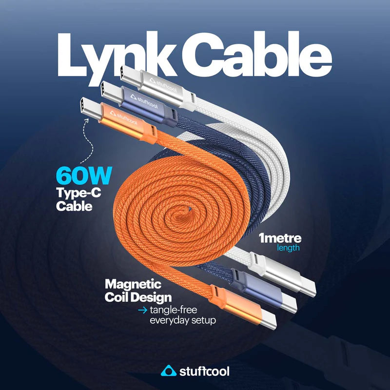 Stuffcool Lynk USB-C to USB-C Magnetic Braided Cable | 60W PD Fast Charging | 1M | 6 Months Warranty