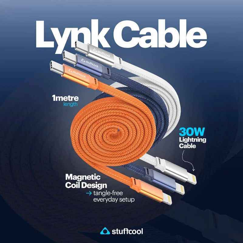 Lynk Cable with magnetic coil design on a dark blue background
