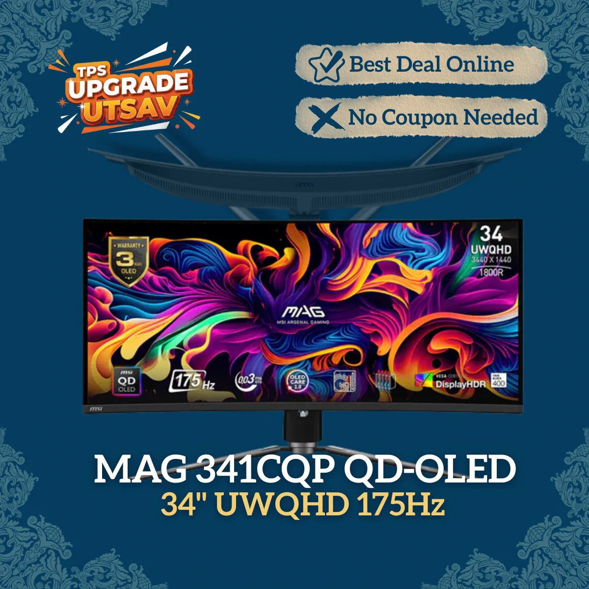 MSI MAG 341CQP QD-OLED 34" UWQHD 175Hz 0.03ms Curved OLED Gaming Monitor