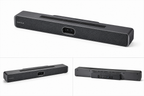 A MAXHUS conference camera bar shown from three angles on a white background: a top-down view, a side profile, and a rear view.