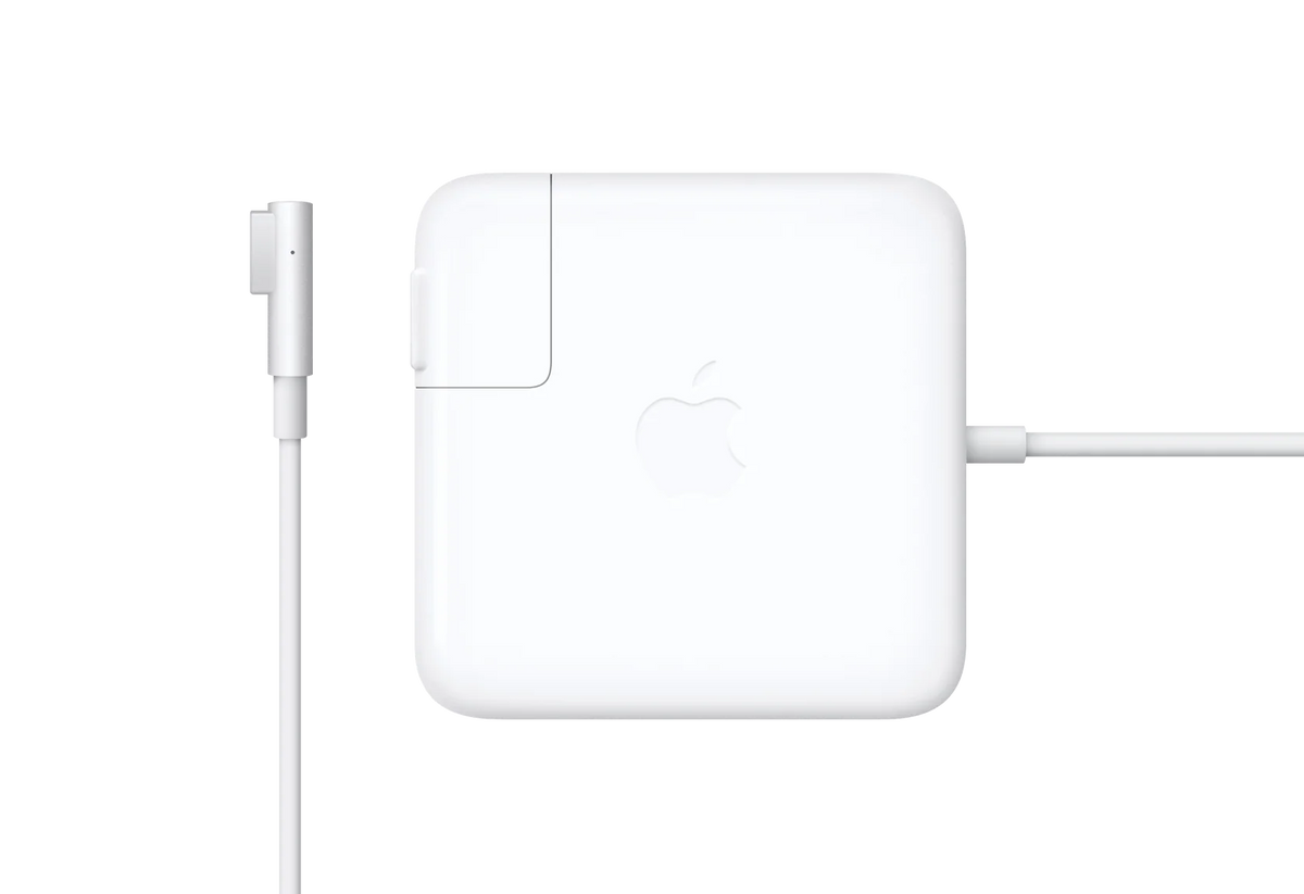 Apple 60W MagSafe Power Adapter – sleek white charger with coiled cable, shown in the mc461hn a view