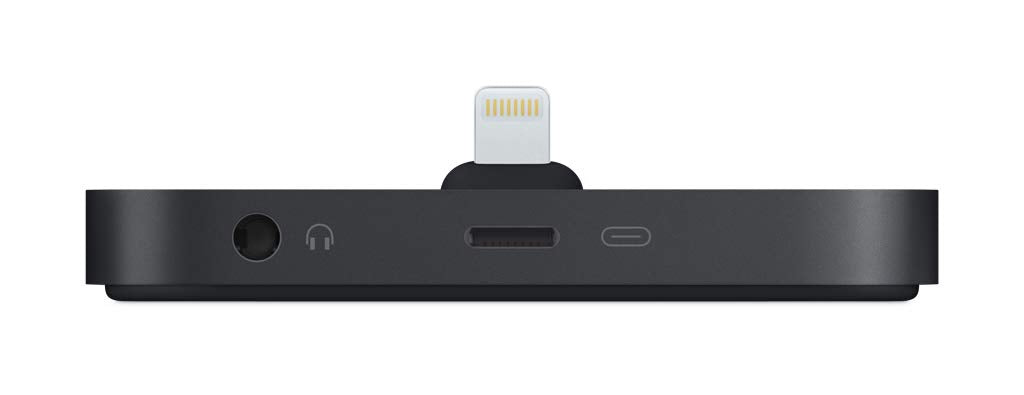 A black rectangular electronic dongle with a Lightning connector plugged into the top center, shown from the side on a plain white background.