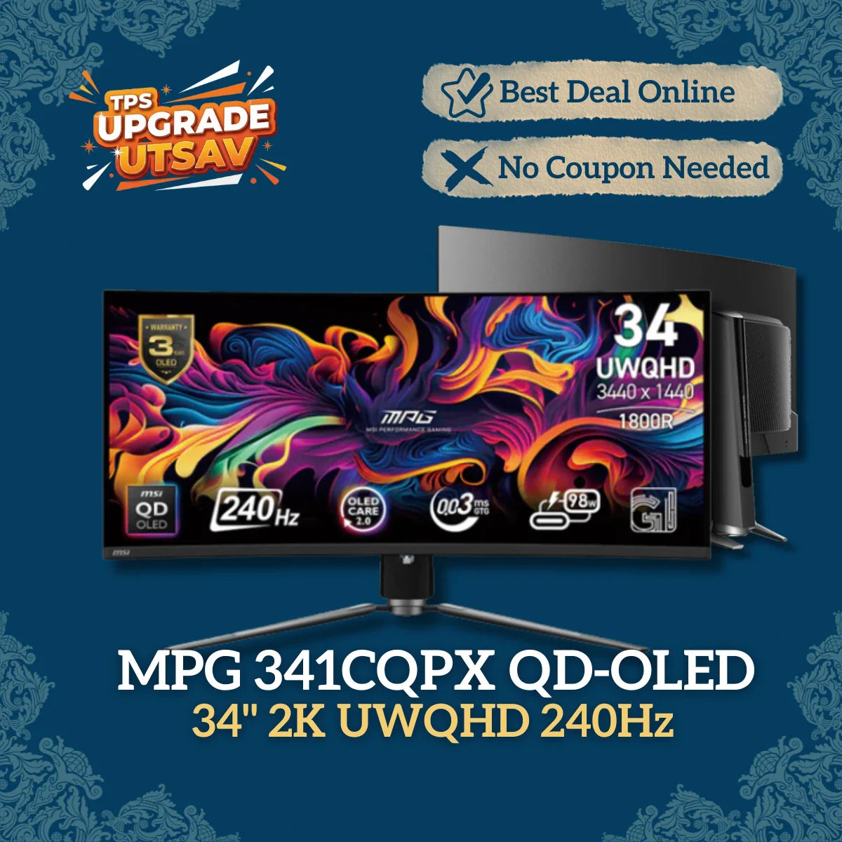 MSI MPG 341CQPX QD-OLED 34" 2K UWQHD 240Hz 0.03ms Curved OLED Gaming Monitor
