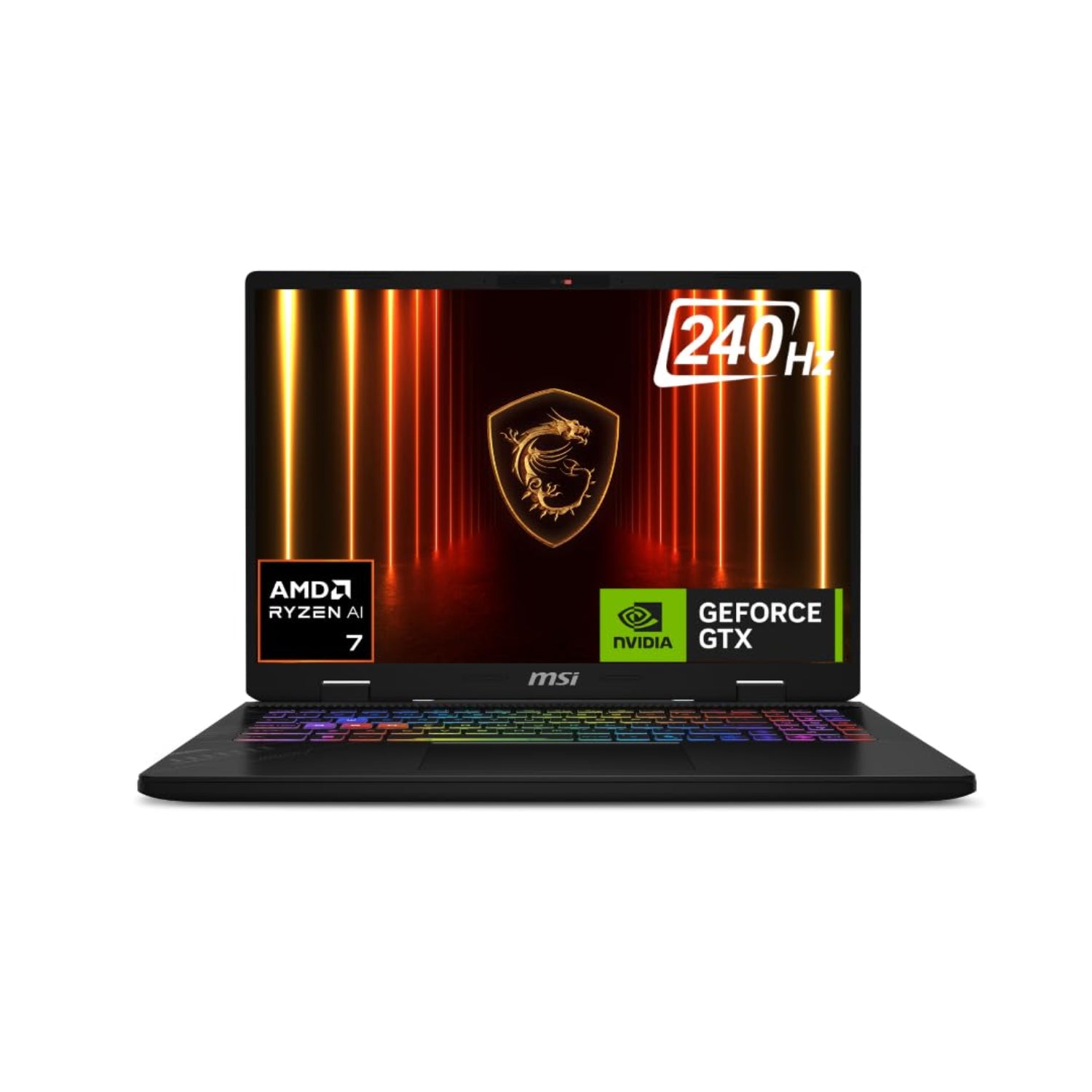 An MSI gaming laptop shown open against a plain white background, featuring a black chassis, a colorful RGB backlit keyboard, and a screen displaying AMD Ryzen AI 7, NVIDIA GeForce GTX, and 240Hz graphics.