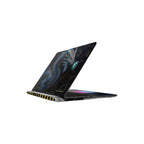 A gaming laptop shown open at an angle against a solid white background, featuring a dark dragon graphic on the lid and a colorful RGB keyboard.