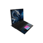 An MSI gaming laptop shown open at an angle against a solid white background, featuring a black chassis with a vibrant multicolor backlit keyboard and a cosmic-themed screen wallpaper.