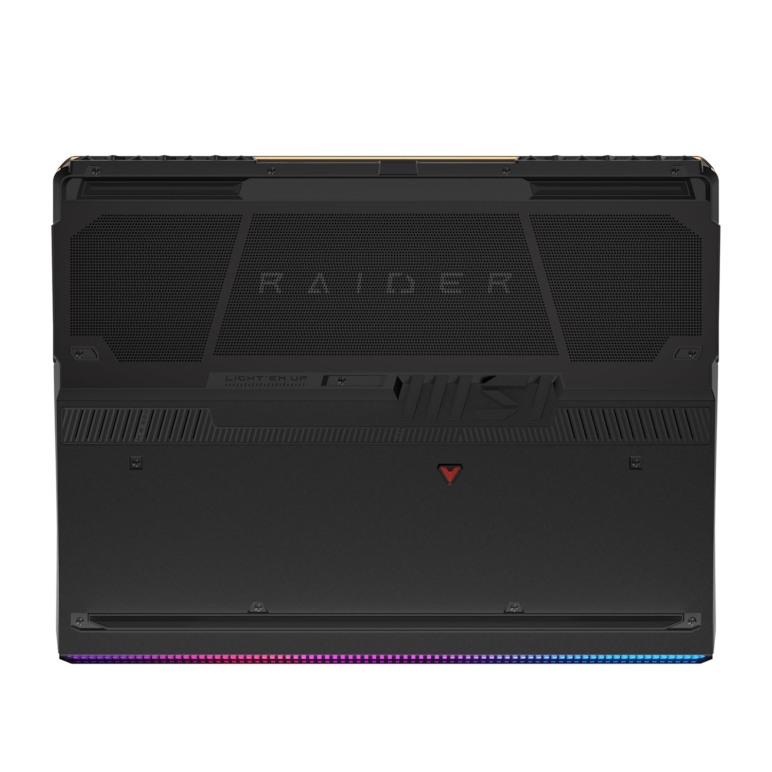 The rear view of a black Lenovo Legion Raider gaming laptop, featuring the embossed 'RAIDER' logo on the backplate, a small red accent logo, and a vibrant RGB LED light strip along the bottom edge.