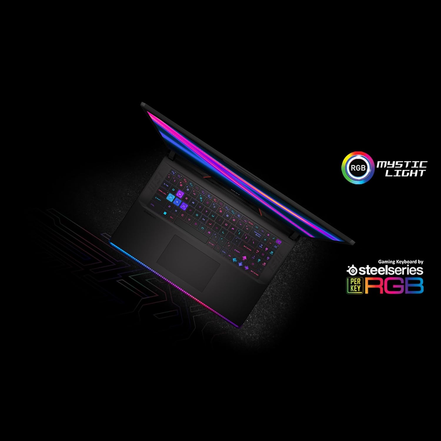 A black SteelSeries gaming laptop shown open at an angle on a dark background, with RGB lighting glowing across the screen edge and keyboard. Brand logos for SteelSeries and RGB lighting appear on the right side of the image.