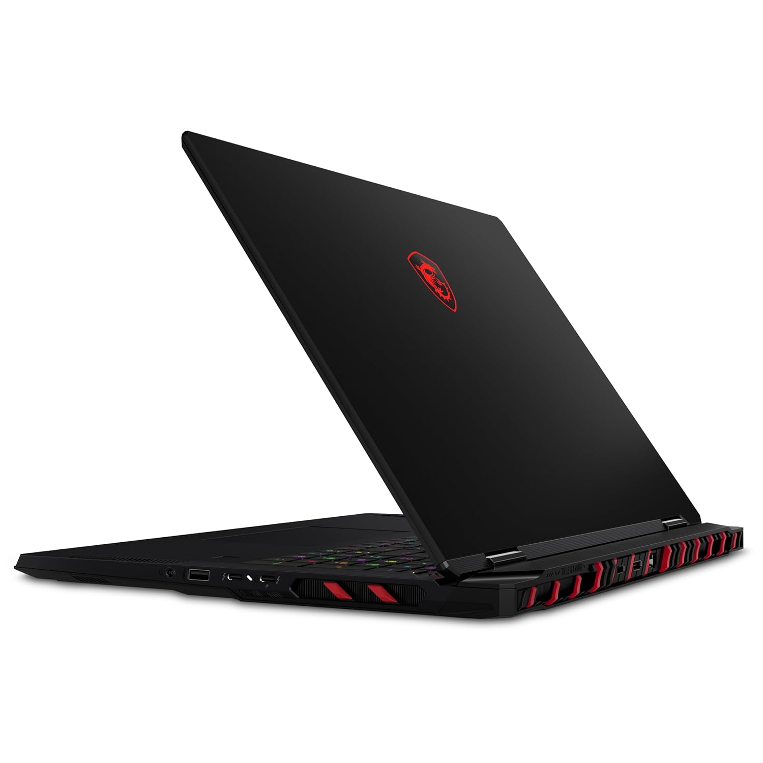 Black gaming laptop with red accents on a white background