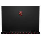 A black MSI gaming laptop shown closed from the back, featuring the red MSI dragon shield logo in the center and red accent lines along the bottom edge, set against a plain white background.