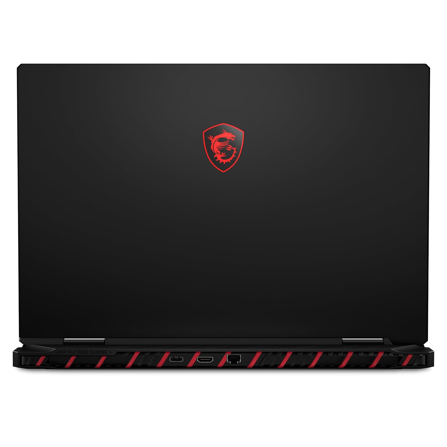 A black MSI gaming laptop shown closed from the back, featuring the red MSI dragon shield logo in the center and red accent lines along the bottom edge, set against a plain white background.