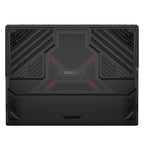 The back view of a black gaming laptop showing its textured metal chassis, vent patterns, and the 'RAIDER' brand logo in the center, accented with small red lines.