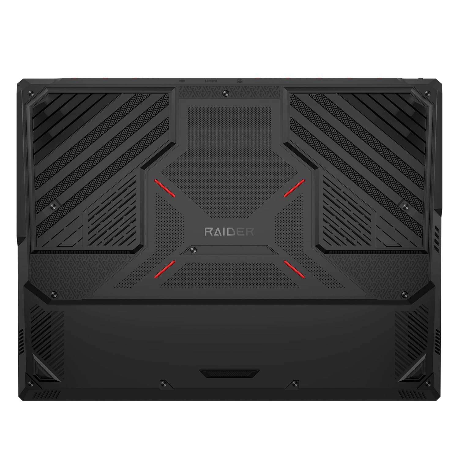 The back view of a black gaming laptop showing its textured metal chassis, vent patterns, and the 'RAIDER' brand logo in the center, accented with small red lines.