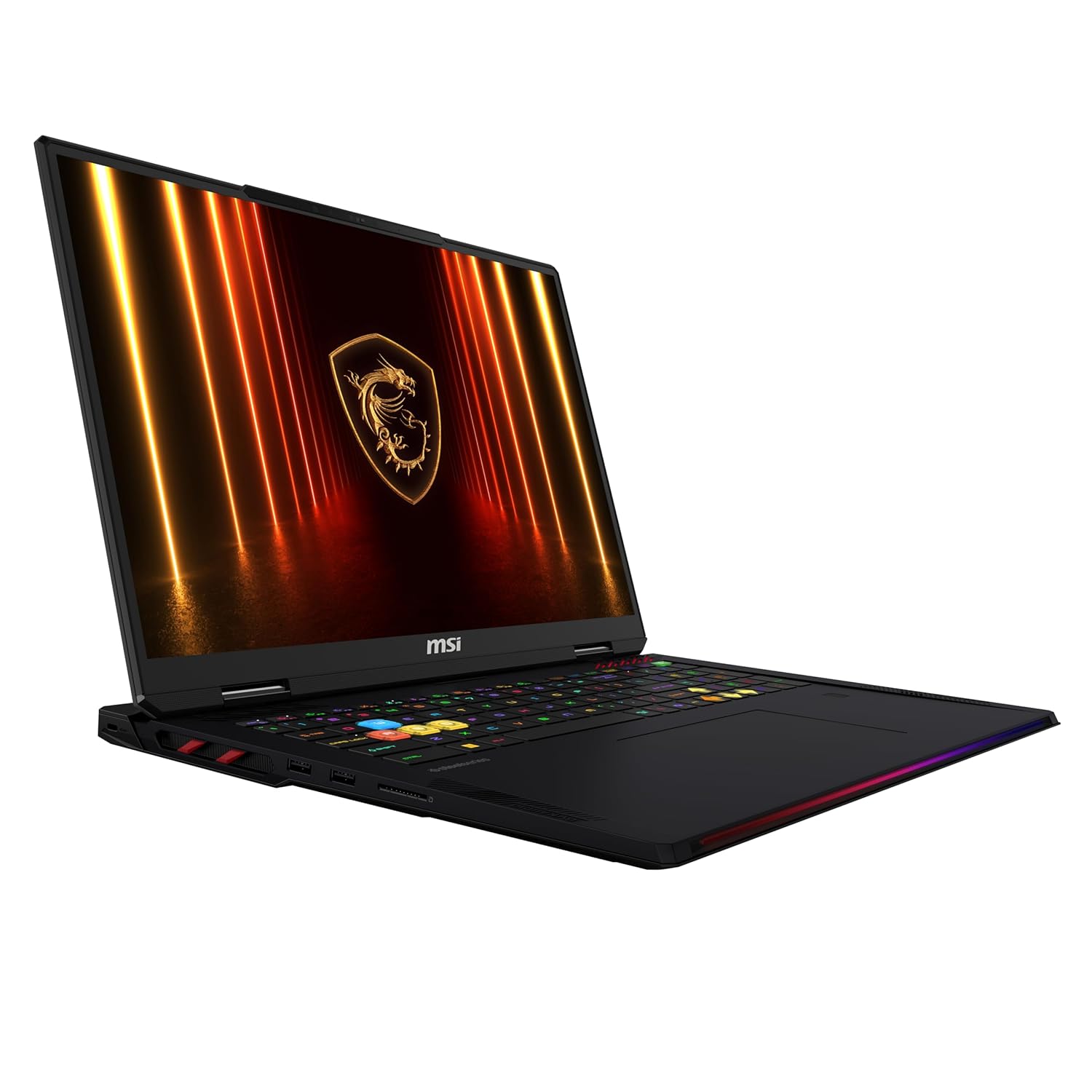 MSI gaming laptop with colorful display on a white background