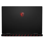 A black MSI gaming laptop shown closed from the back, featuring the red MSI dragon shield logo in the center and red accent stripes along the bottom edge.