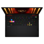 A black MSI gaming laptop shown open from a top-down angle, featuring a vibrant RGB backlit keyboard, a large trackpad, and a screen illuminated with red light streaks and the MSI dragon logo.
