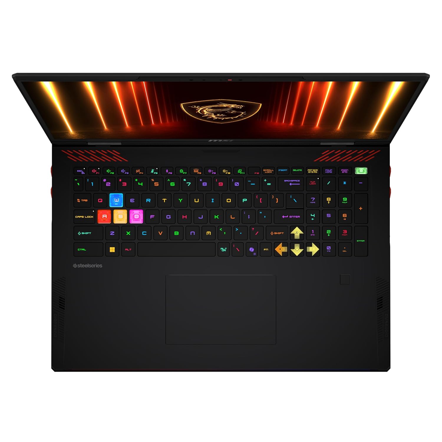 A black MSI gaming laptop shown open from a top-down angle, featuring a vibrant RGB backlit keyboard, a large trackpad, and a screen illuminated with red light streaks and the MSI dragon logo.