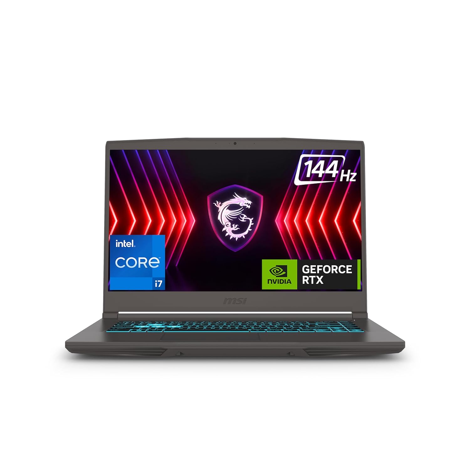Laptop with Intel Core i7, NVIDIA GeForce RTX, and 144Hz display on a white background