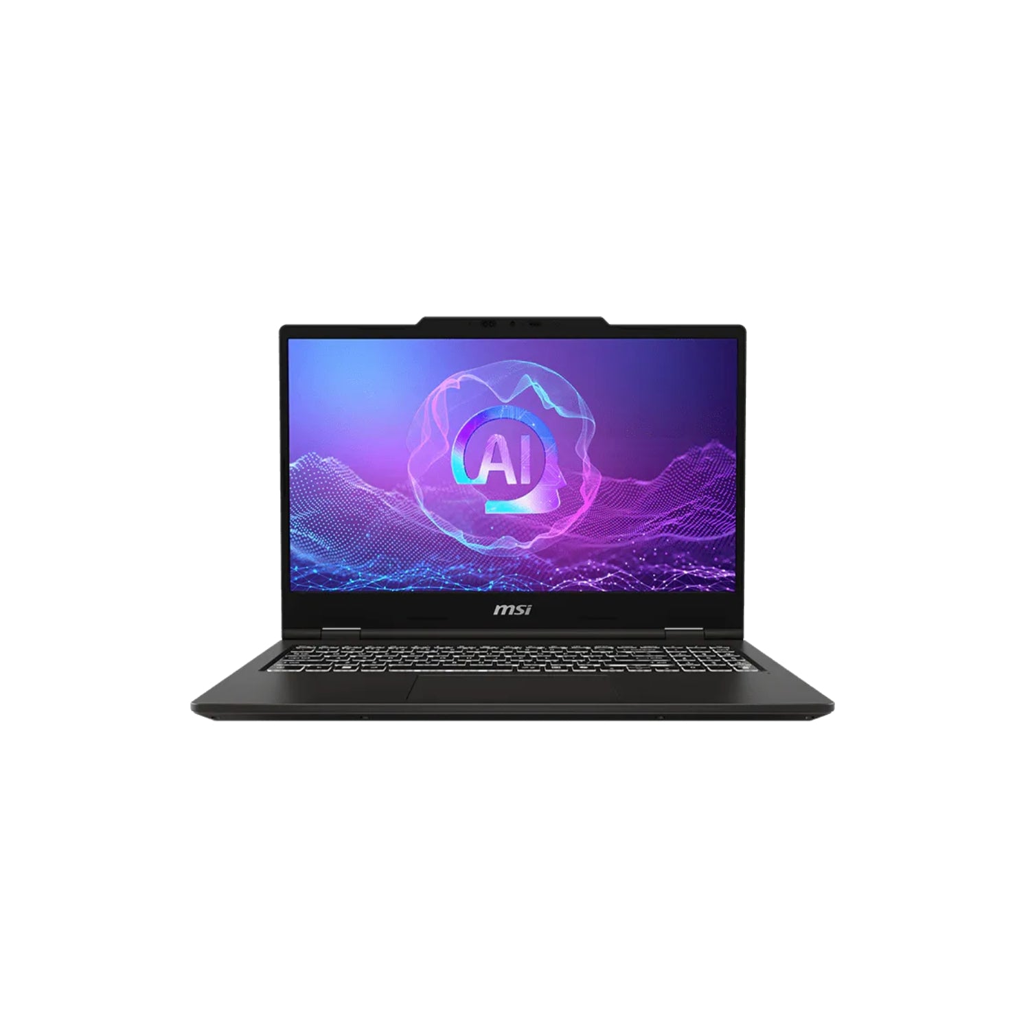 An MSI laptop shown open against a plain white background, with the screen turned on and displaying a colorful AI-themed wallpaper.