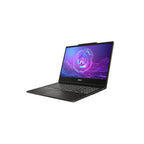 A black MSI laptop shown open at a three-quarter angle on a plain white background, with a colorful AI-themed display on the screen.