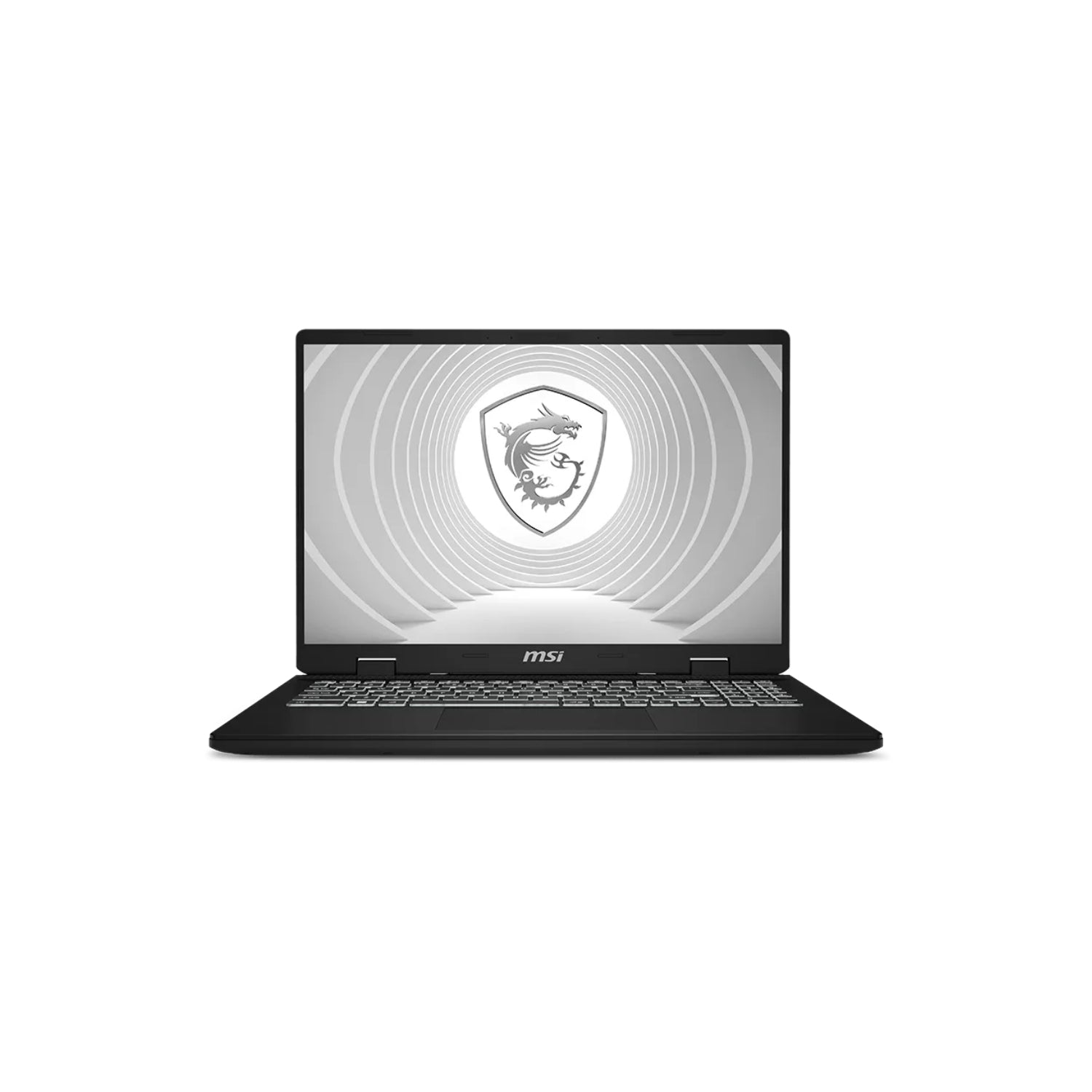 An MSI laptop shown open and centered on a plain white background. The laptop body is black, and the screen displays a gray and white concentric circle graphic with the MSI shield logo in the center.