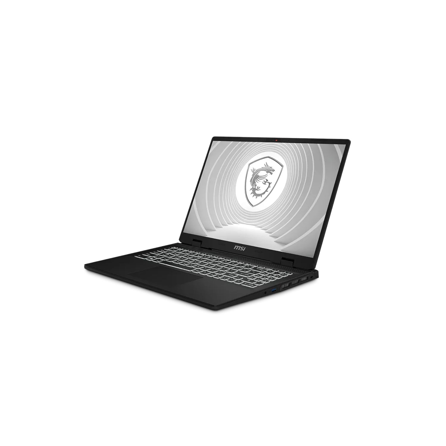 An MSI gaming laptop in black, shown open at a three-quarter angle on a clean white background. The screen displays the MSI logo inside a circular graphic.