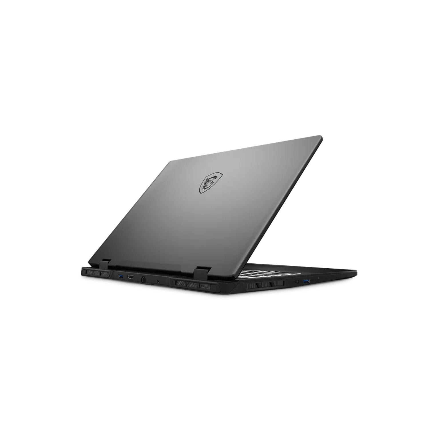 A black MSI laptop shown open at an angle, displaying its matte black lid with the MSI logo and a partially visible keyboard, set against a plain white background.