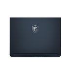 A closed MSI gaming laptop shown from the top, featuring a dark navy blue lid with the silver MSI dragon logo in the center, set against a plain white background.
