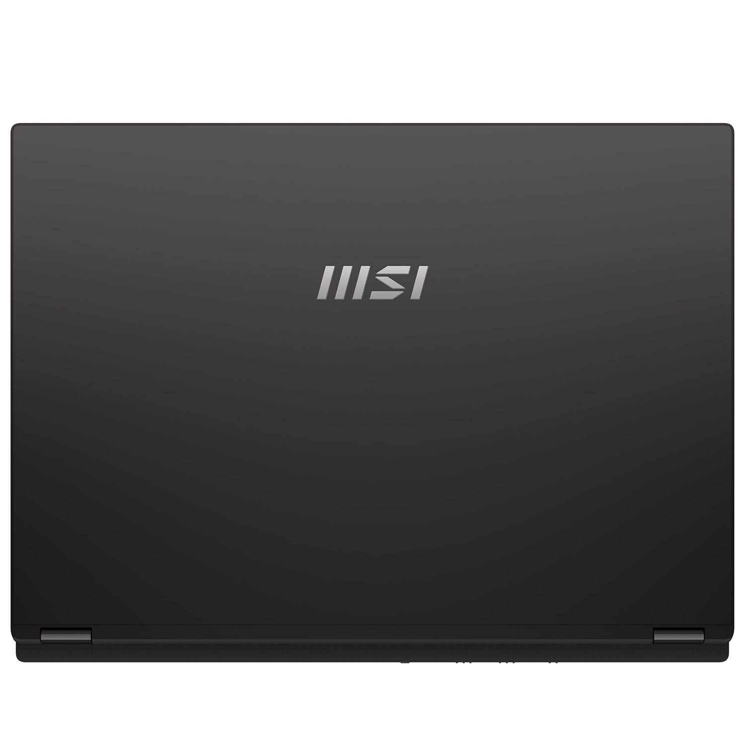 A closed MSI laptop shown from the top, featuring a matte black finish with the silver MSI logo centered on the lid, set against a plain white background.