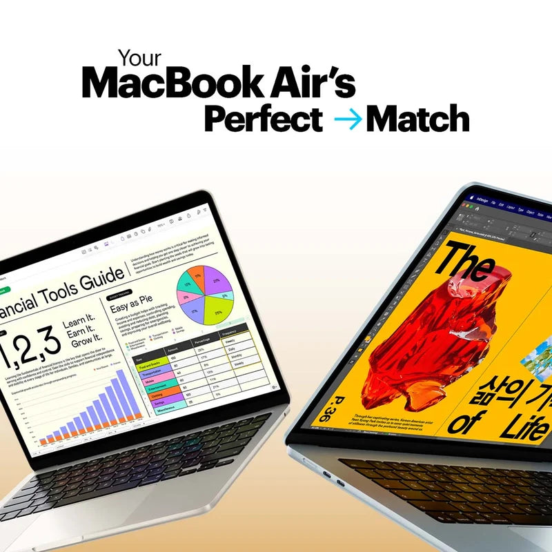 Two laptops side by side with one displaying a financial tools guide and the other showing a book cover.
