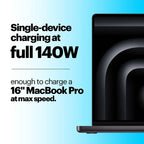 Laptop charger with text about single-device charging at full 140W on a blue gradient background