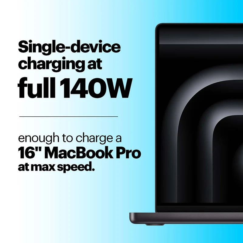 Laptop charger with text about single-device charging at full 140W on a blue gradient background