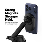 A black magnetic phone mount clamp holding a dark blue smartphone, shown on a white background with text that reads 'Strong Magnets. Stronger Hold.