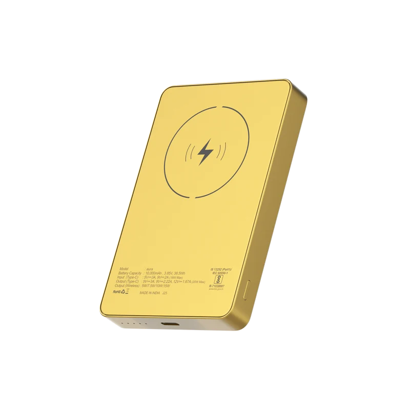 Gold wireless charging device on a white background