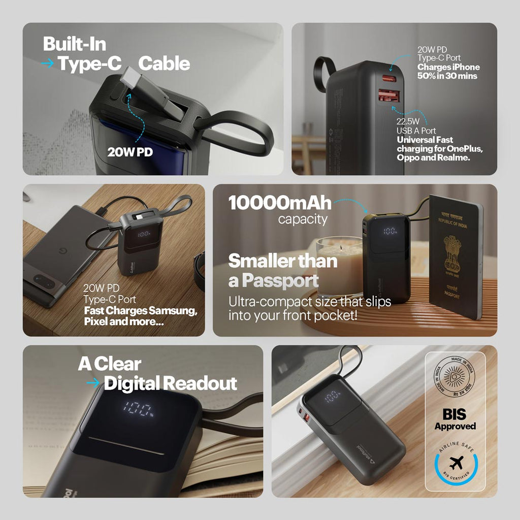 Mito Plus Mini 10000mAh Powerbank with Built-in Type-C Cable and 22.5W Fast Charging